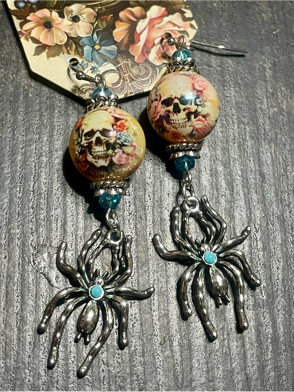 Hand Crafted Floral Skull & Spider Dangle Earrings - Turquoise Accents